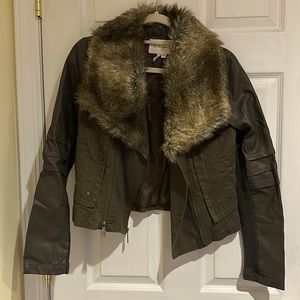 BCBG army green bomber jacket with faux fur collar